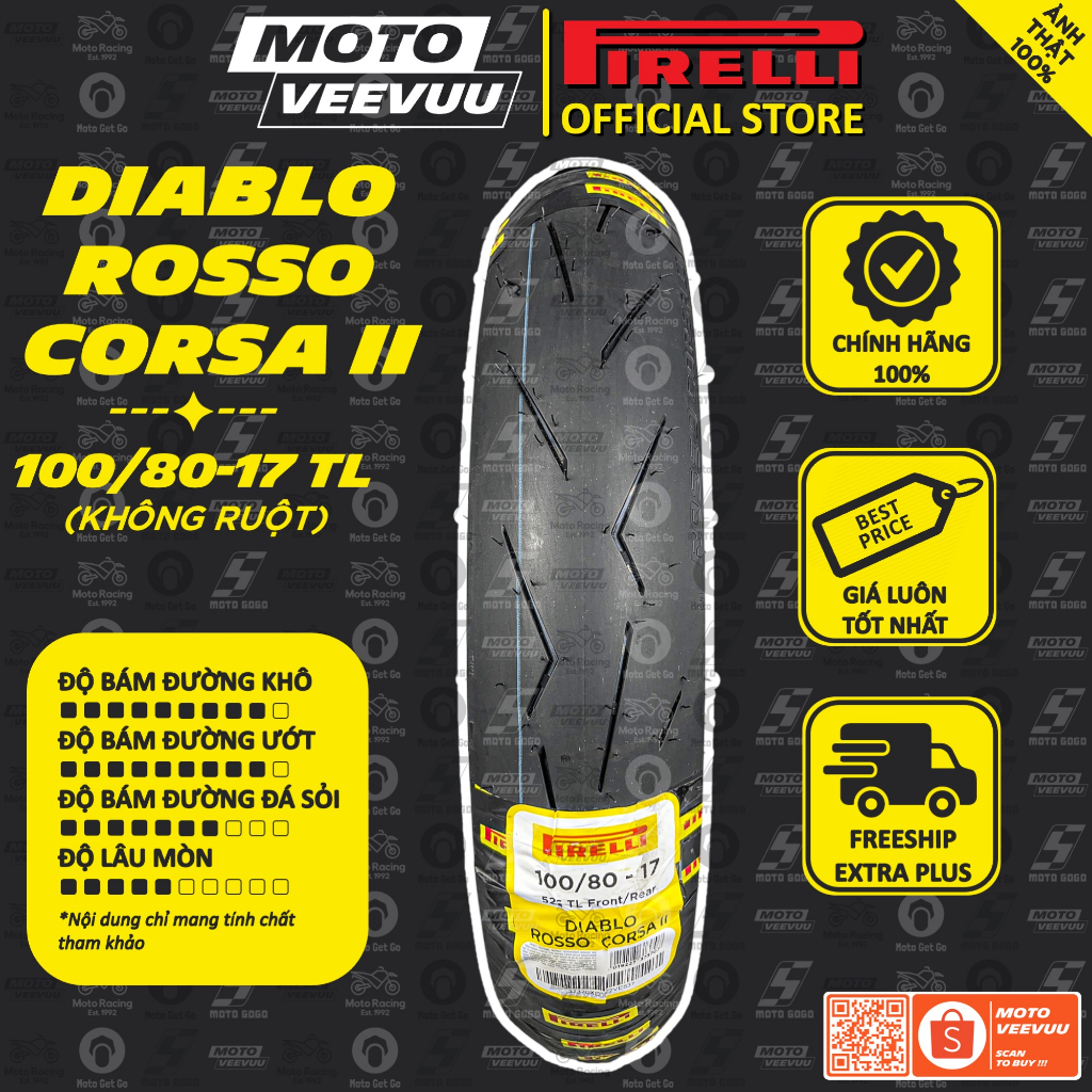 Vỏ lốp xe máy PIRELLI 100/80-17 TL Diablo Rosso Corsa 2 II (Lốp không ruột)