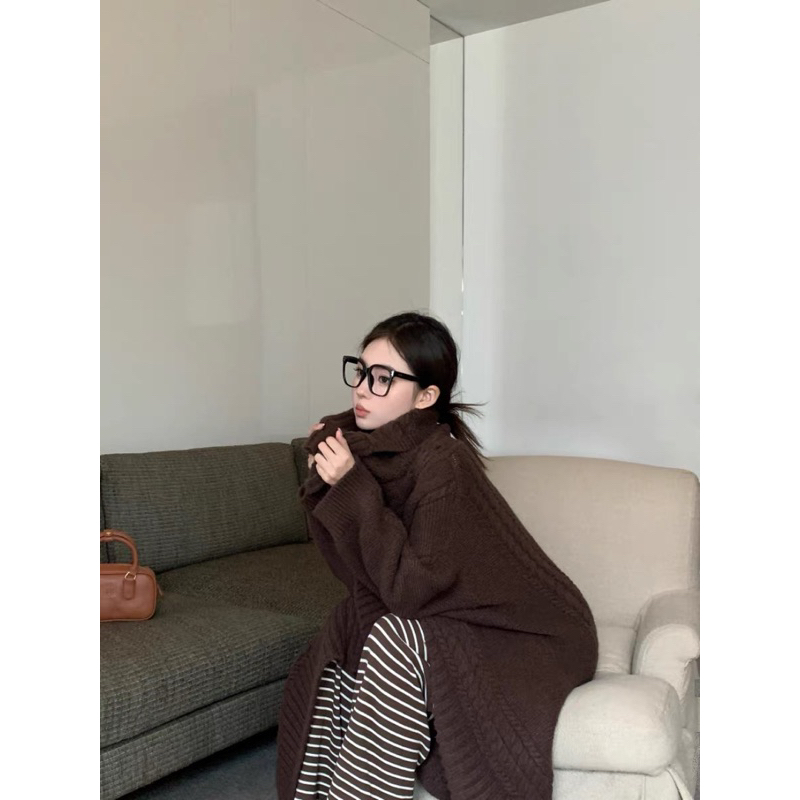 Áo cardigan len dáng dài màu nâu phong cách retro nữ 2023