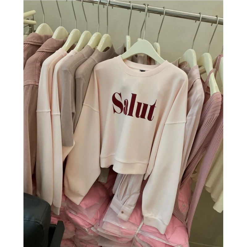 Áo nỉ Salut dáng vừa màu pastel trắng hồng