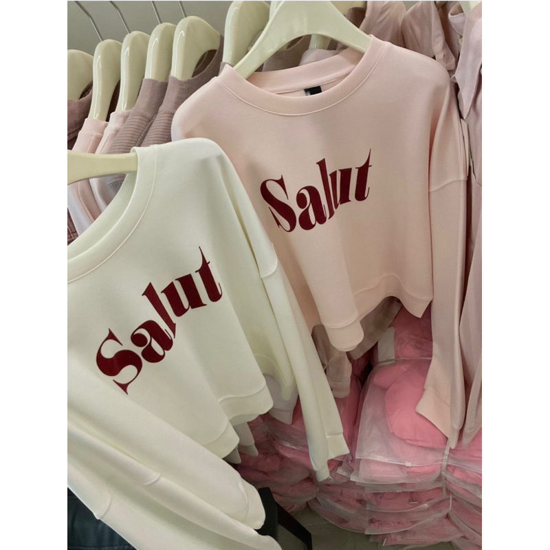 Áo nỉ Salut dáng vừa màu pastel trắng hồng