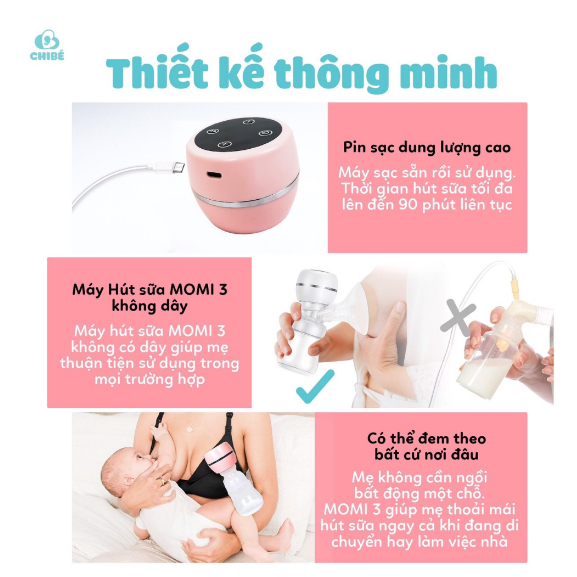 MÁY HÚT SỮA KHÔNG DÂY CHIBÉ MOMI 3 CB025-TẶNG PHỄU HẠ SIZE