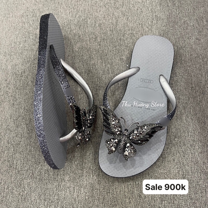 Dép Nữ Kim tuyến xám viền Đính Bươm' chúa đen