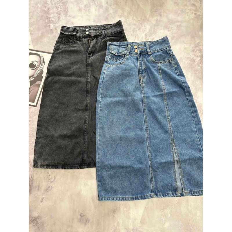 CHÂN VÁY BÒ 2 KHUY NẮP TÚI XẺ TRƯỚC - JEANS #090