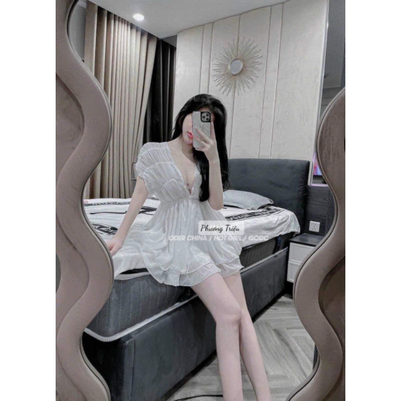 Đầm voan nhún kèm quần chuẩn mẫu