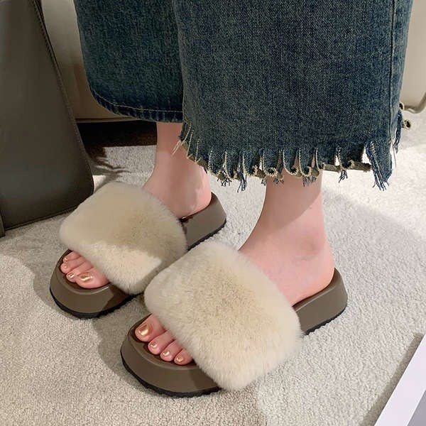 Dép Đế Cao Quai Ngang Phối Lông Nhung Thời Trang Cá Tính