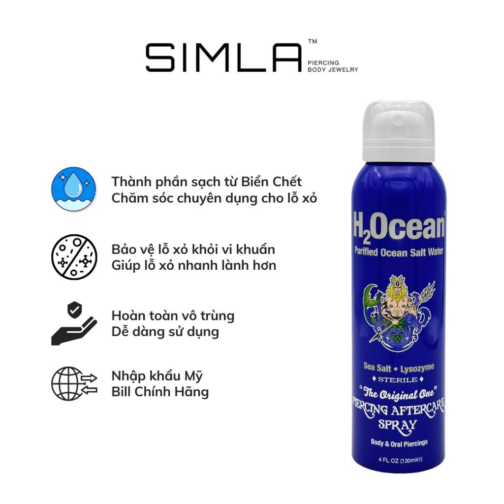 Nước muối vô trùng vệ sinh lỗ xỏ giúp mau lành H2Ocean (Nhập khẩu Mỹ) - Piercing Aftercare Spray Sim