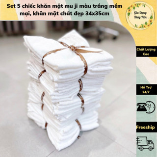 Set 5 chiếc khăn mặt mu ji màu trắng mềm mại, khăn mặt chất đẹp 34x35cm