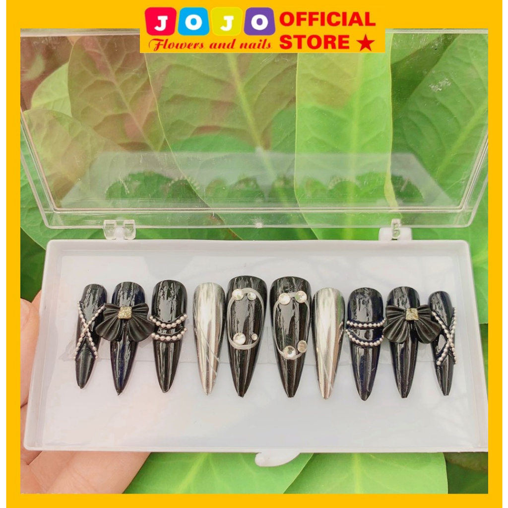 Set 24 móng giả,Nailbox thiết kế trắng đính đá,đính charm tiểu thư đẹp sang chảnh PP38