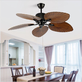 (Hàng Loại I)Quạt Trần Đèn Chùm 5 Cánh Nhựa Cao Cấp Hình Lá Cọ,Phong Cách Tân Cổ Điển,Động Cơ DC Chạy Êm,6 Tốc Độ Gió.