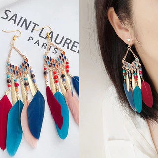 Khuyên tai lông vũ dài hoa tai boho nữ thời trang phong cách cổ điển dân tộc - Mã HT054
