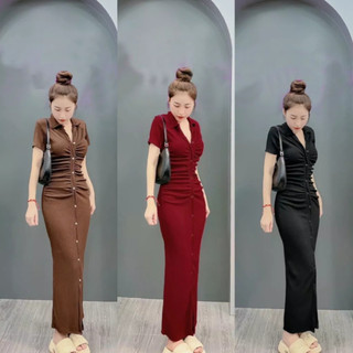 Đầm body nhún eo cổ trụ tay ngắn dáng dài chất thun tăm lạnh thanh lịch