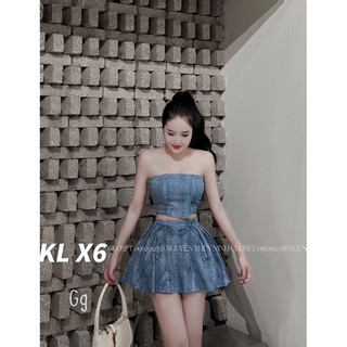 Set jeans áo cúp ngực phối chân váy chữ a buộc nơ màu wax
