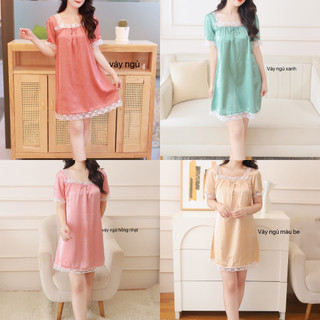 Đồ bộ mặc nhà nữ, váy ngủ cổ ren vải lụa satin mềm mát