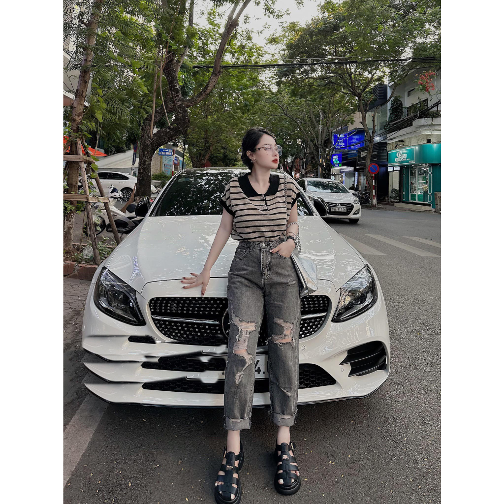 QUẦN BAGGY JEANS NỮ LƯNG CAO RÁCH CHỮ M KÈM NÚI MÀU XÁM ĐẬM LAI CUỐN THỜI TRANG SIÊU BỤI