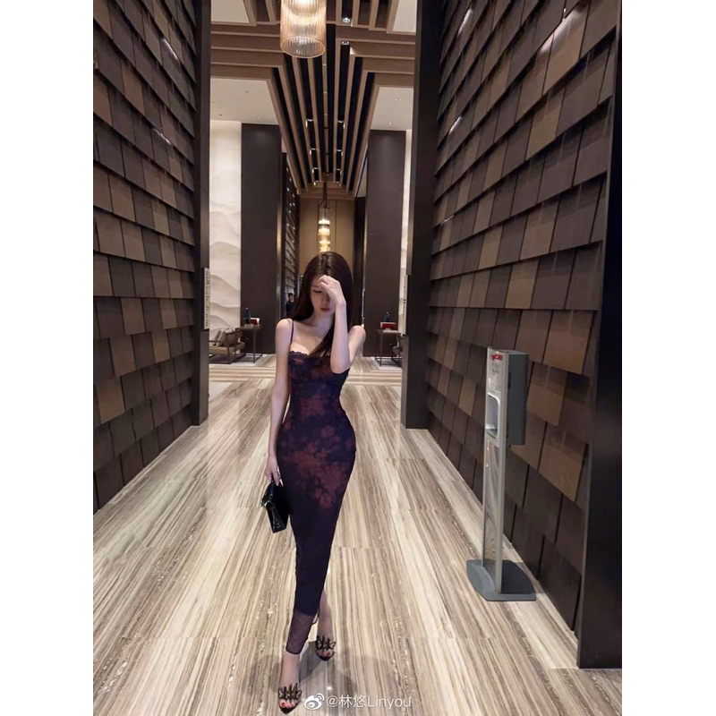 Đầm 2 dây body cúp ngực viền ren hoa tím