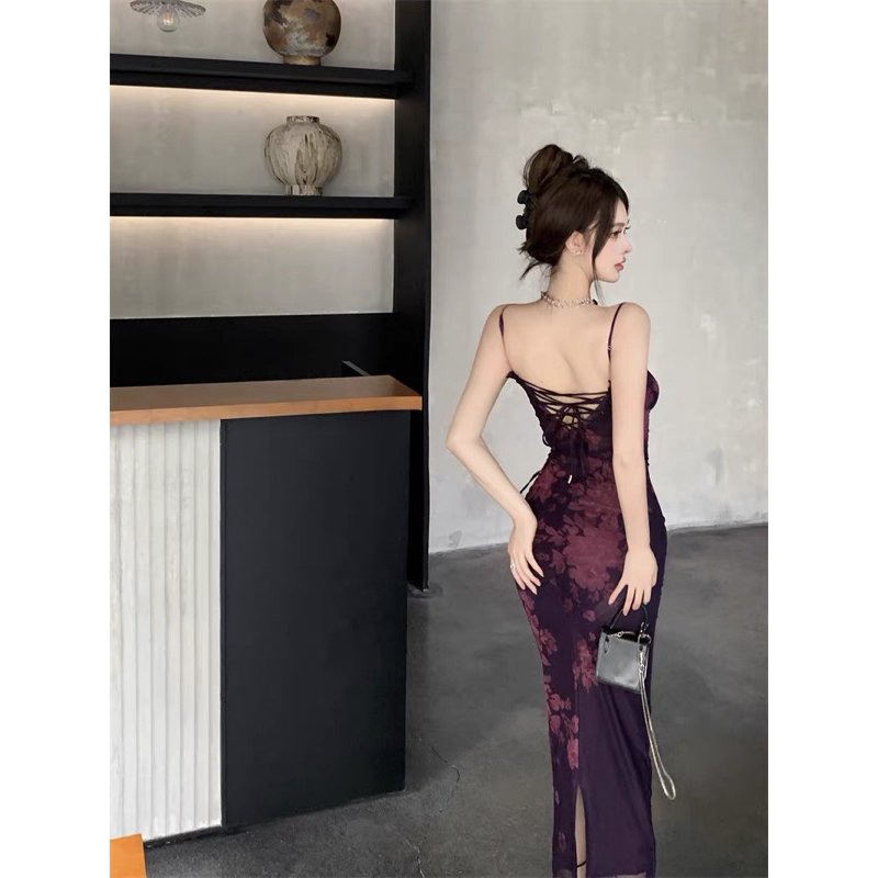 Đầm 2 dây body cúp ngực viền ren hoa tím