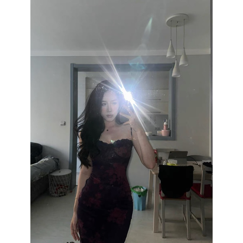 Đầm 2 dây body cúp ngực viền ren hoa tím