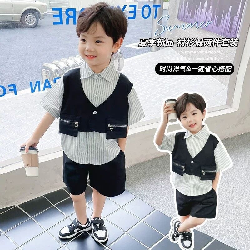 Set bộ cho bé trai áo sơ mi kẻ phối quần kaki phong cách Hàn Quốc 8-30kg
