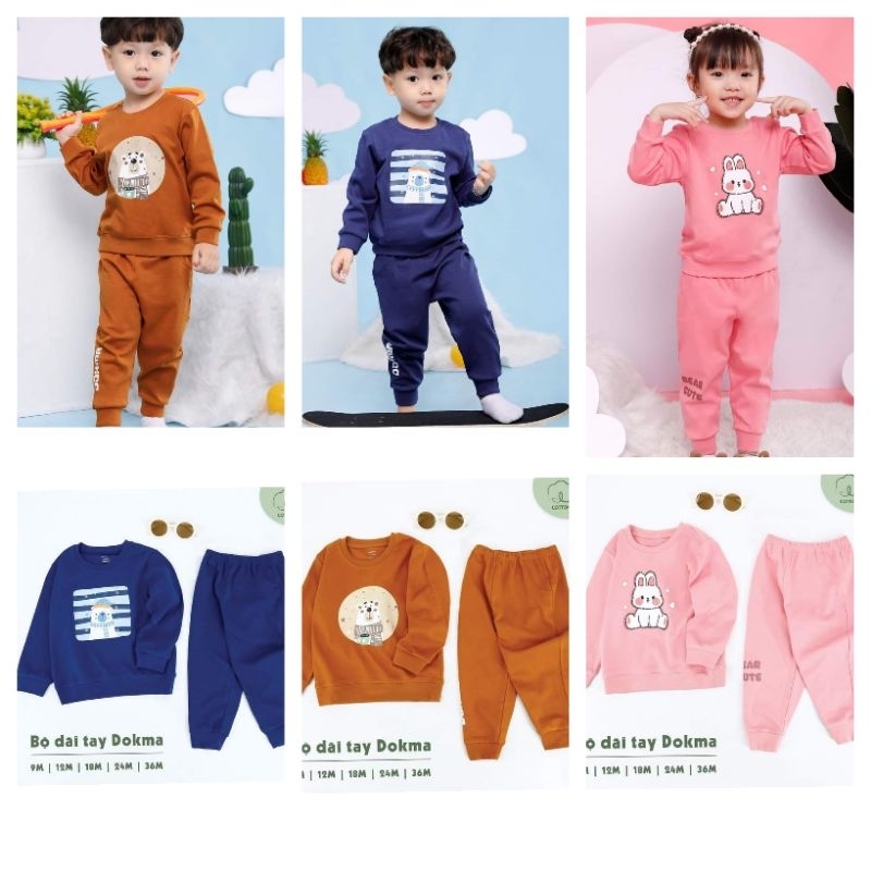 (2023) Bộ quần áo dài tay cổ tròn chất cotton dày DOKMA (9-36M) DB1890