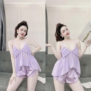 40-62KG] Đầm ngủ dễ thương 2 dây cổ v dáng rộng, đầm váy ngủ lụa xước mango bầu bì mặc