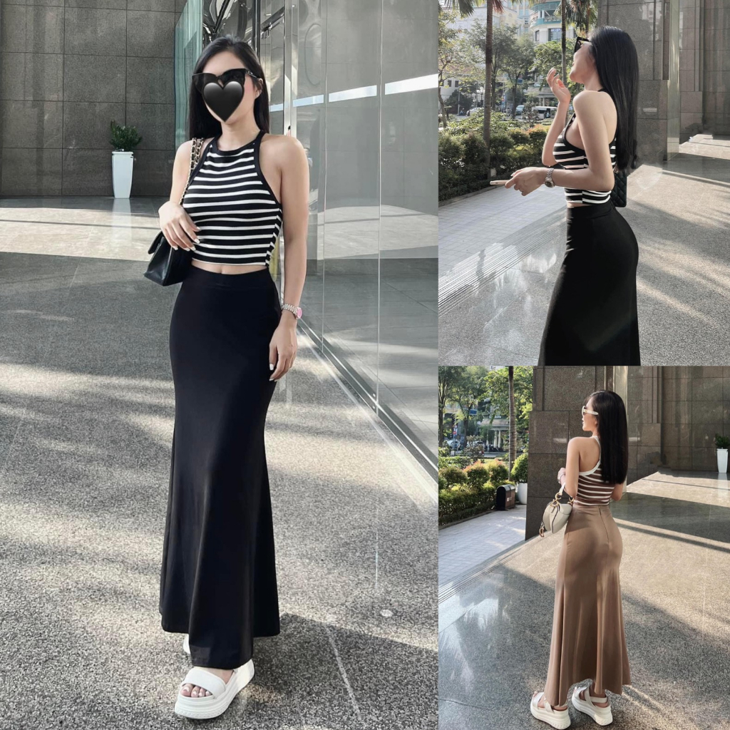 Set bộ đồ nữ áo croptop cổ yếm phối viền mix chân váy đuôi cá với tone màu tôn da, tôn dáng xinh xắn dành cho các nàng