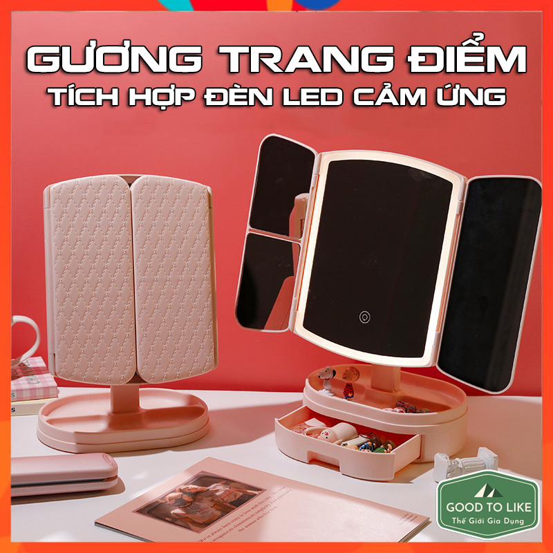 Gương Trang Điểm Để Bàn Tích Hợp Cảm Biến Đèn Led,Gương Để Bàn Xoay 270 Độ Gập Mở 2 Cánh Tặng Kèm Sạc