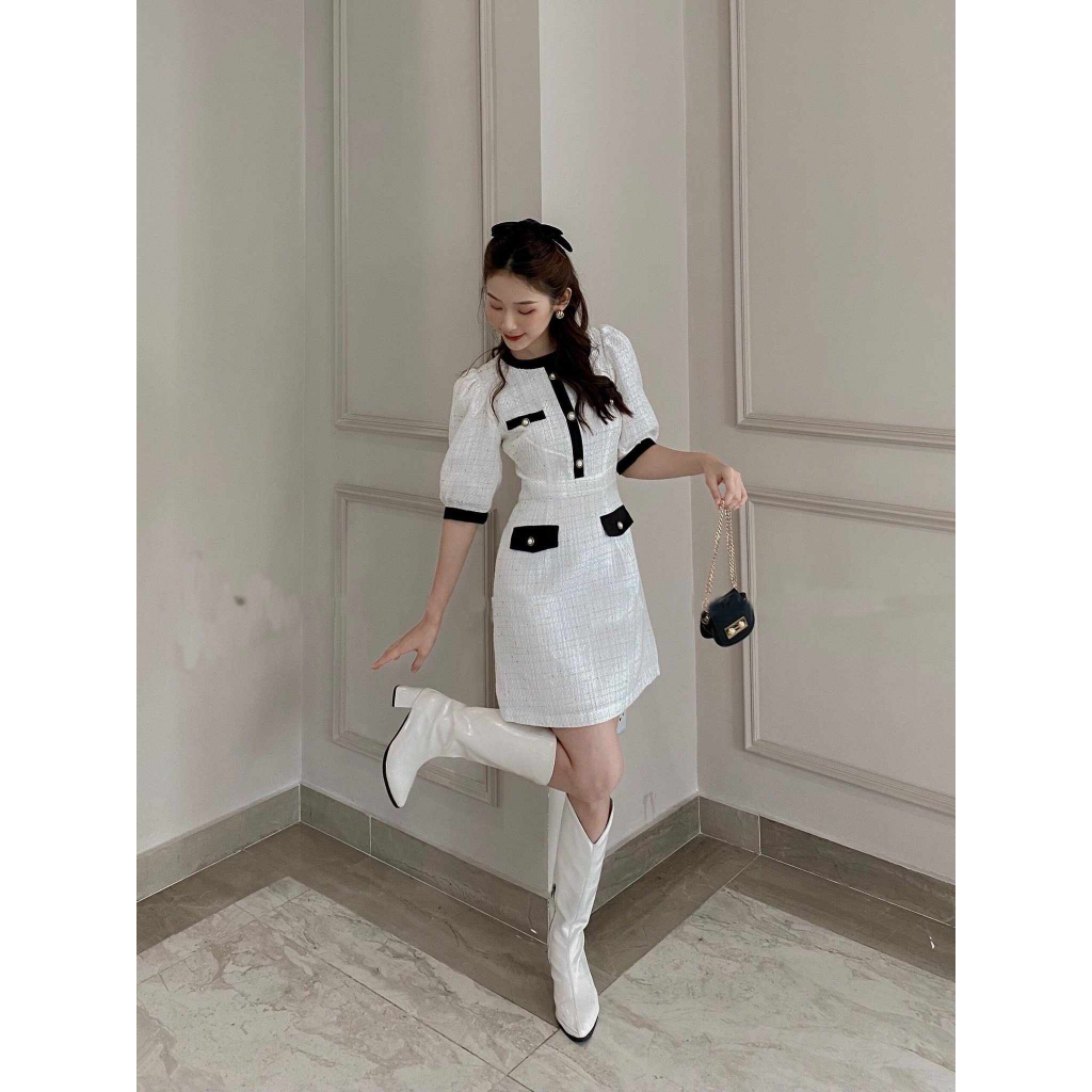 M37 - Váy Dạ Trắng Phối Cổ Tay Viền Đen Hàng Thiết Kế by BELLY Clothing