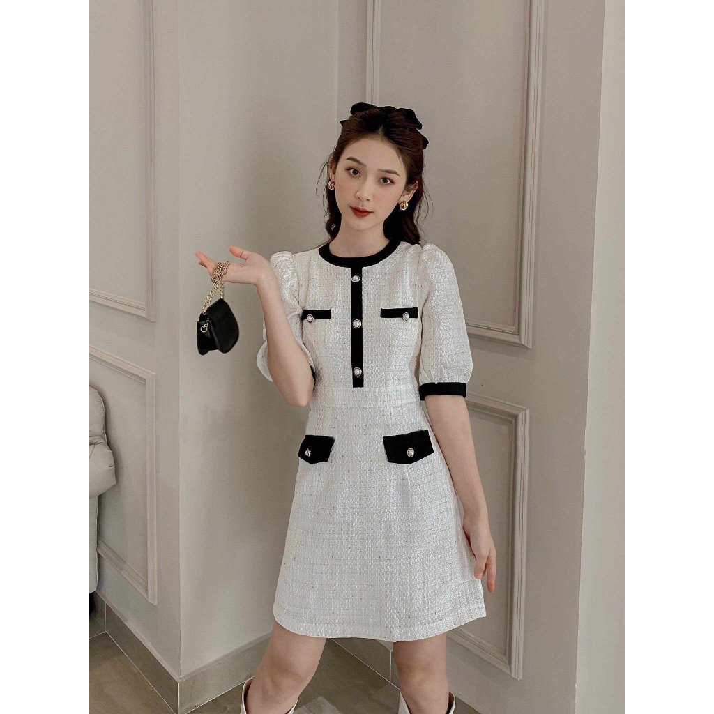 M37 - Váy Dạ Trắng Phối Cổ Tay Viền Đen Hàng Thiết Kế by BELLY Clothing