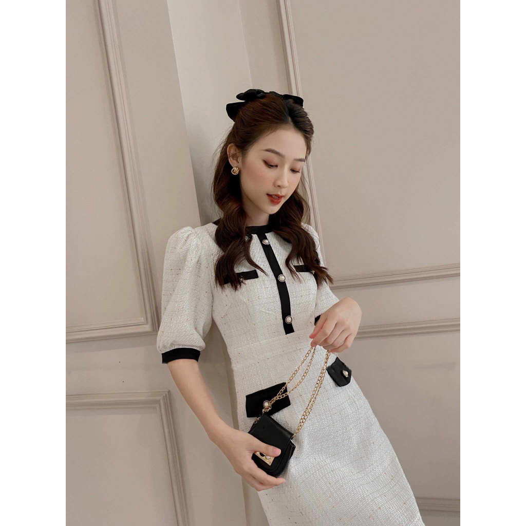 M37 - Váy Dạ Trắng Phối Cổ Tay Viền Đen Hàng Thiết Kế by BELLY Clothing