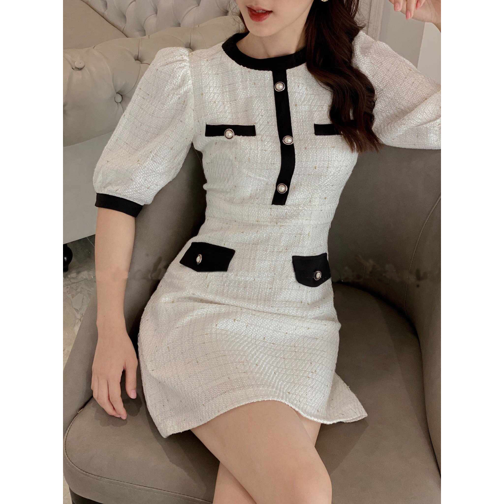 M37 - Váy Dạ Trắng Phối Cổ Tay Viền Đen Hàng Thiết Kế by BELLY Clothing