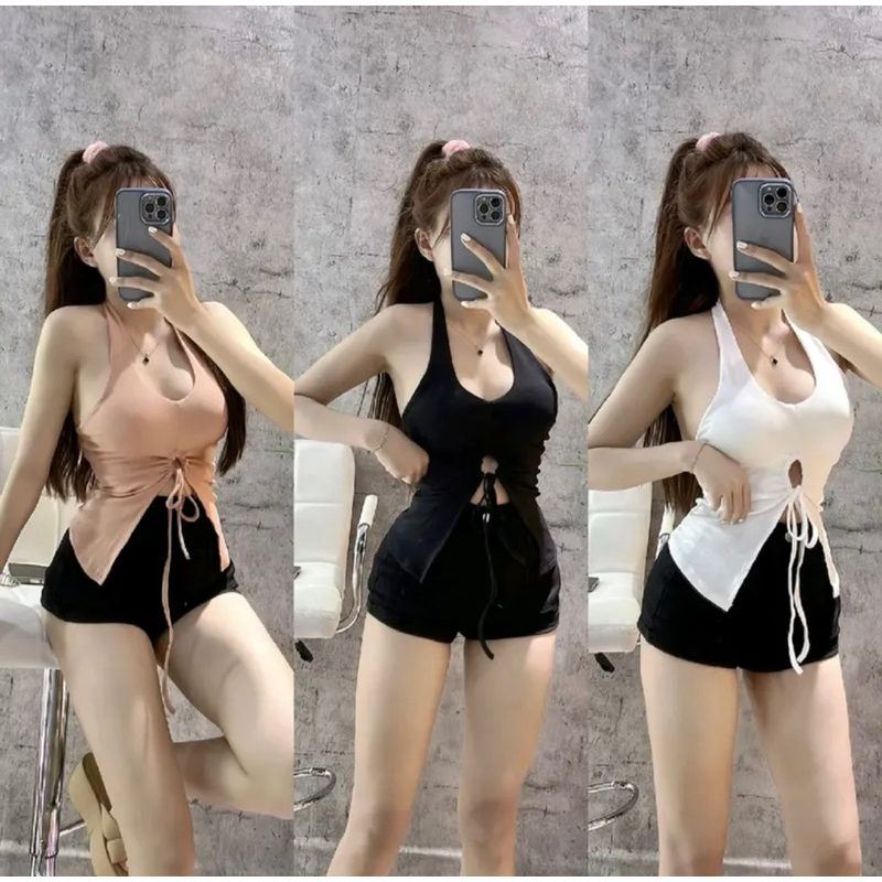 ÁO yếm choàng cổ 2 tà nhọn có kèm mút đệm fom ngắn trên rún dưới 55kg