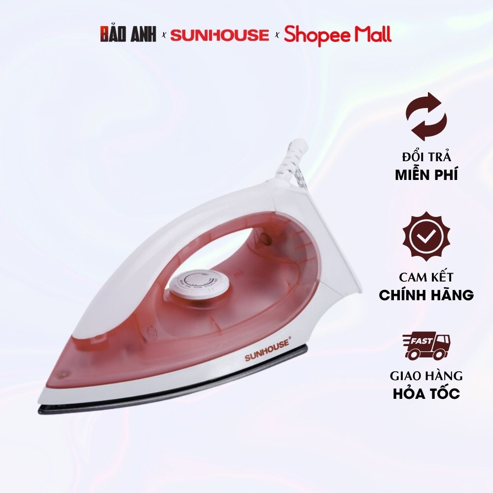 Bàn là khô Sunhouse SHD1072 màu hồng, chống dính, phù hợp mọi chất liệu, có đèn hiển thị. Bảo hành 12T