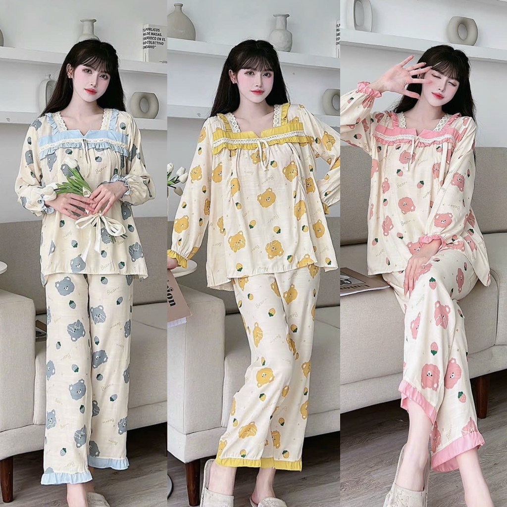 Bộ Bầu Và Sau Sinh Cho Con Bú Dài Tay Chất Cổ Phối Ren Chất Đũi Lạnh HT4615 Honey Mommy