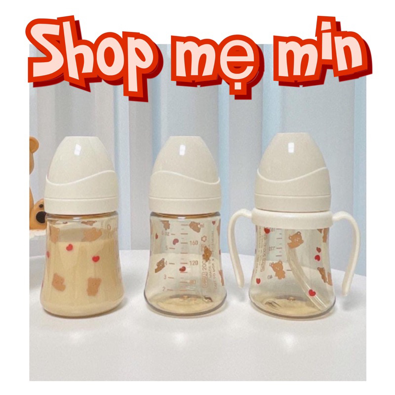 Bình sữa Grosmimi Hàn Quốc Lắp núm Moyuum hoạ tiết gấu Bear 200ml/300ml