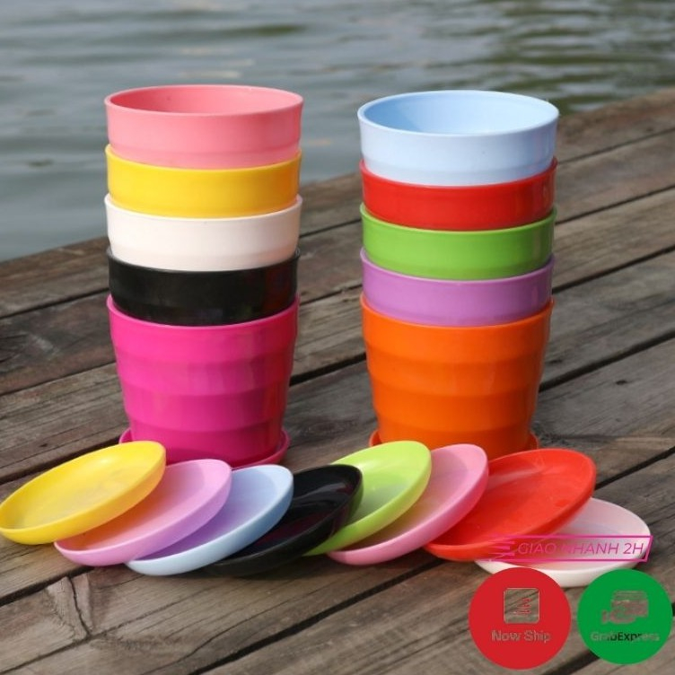 Chậu nhựa tròn lượn sóng kèm đĩa lót mini dày dặn, trồng sen đá, xương rồng và cây tiểu cảnh để Deco văn phòng ban công