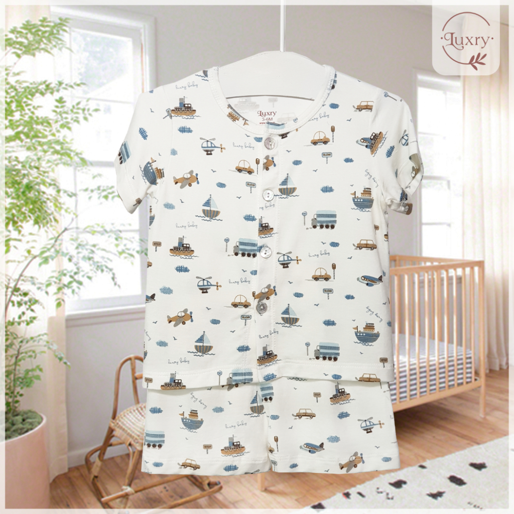 Bộ quần áo cộc tay cài thẳng họa tiết Luxry đáng yêu cho bé từ sơ sinh đến 4 tuổi