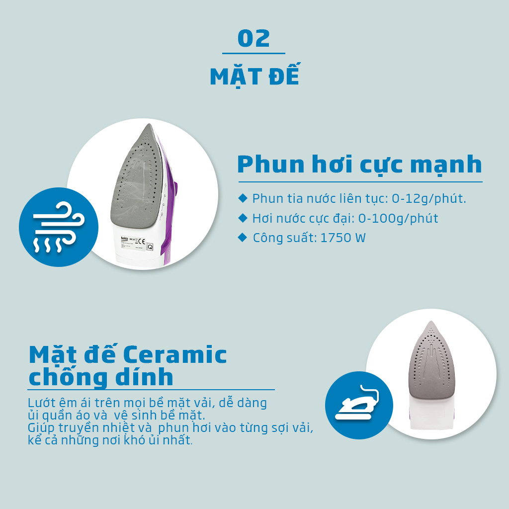 Bàn Ủi Hơi Nước BEKO Mặt Đế Phủ Lớp Chống Dính Ceramic SIM3617