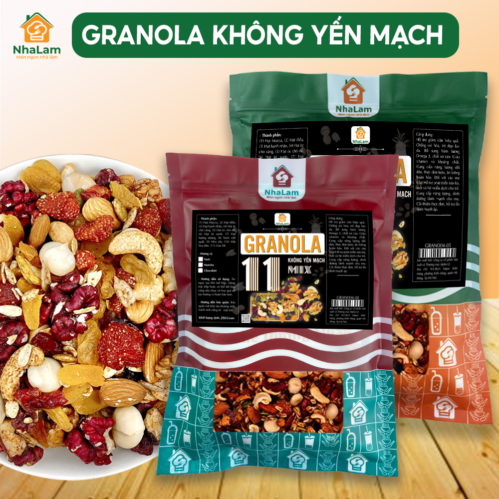 Granola Không Yến Mạch Mix 11 Loại Hạt, Ngũ Cốc 100% Hạt Mật Dừa Thêm Hạnh Nhân, Óc Chó Vàng Đỏ NHALAM FOOD