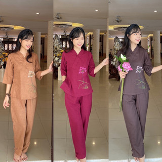 Set đồ linen cao cấp dành cho nữ, một nút linen thêu sen