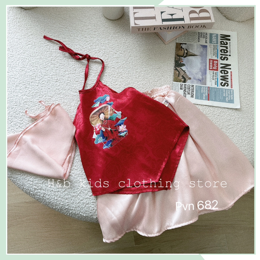 Set yếm chân váy kèm khăn, bộ yếm đào kèm khăn mỏ quạ cho bé đi chơi chụp ảnh BBG97