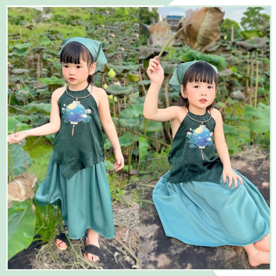 Set yếm chân váy kèm khăn, bộ yếm đào kèm khăn mỏ quạ cho bé đi chơi chụp ảnh BBG97