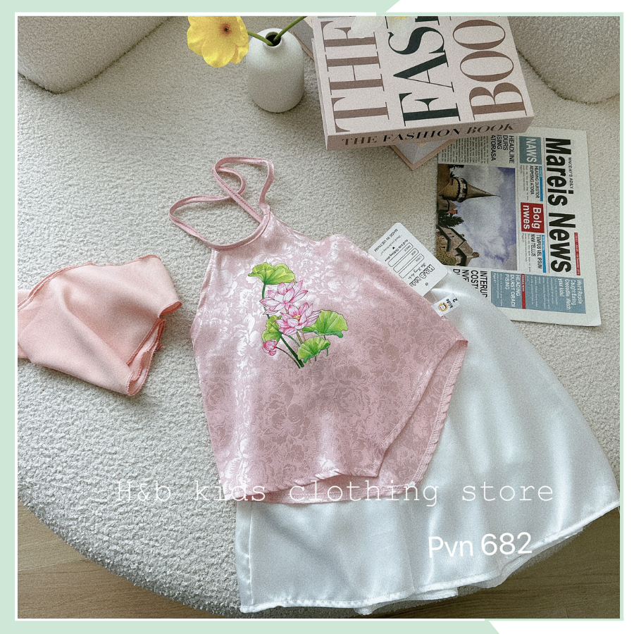 Set yếm chân váy kèm khăn, bộ yếm đào kèm khăn mỏ quạ cho bé đi chơi chụp ảnh BBG97