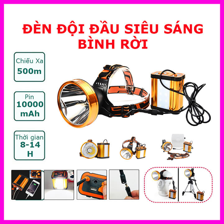 Đèn pin đội đầu siêu sáng bình rời chiếu xa 500m, pin trâu 10000mAh, đèn đeo trán kiêm sạc dự phòng, COB phụ đa dụng