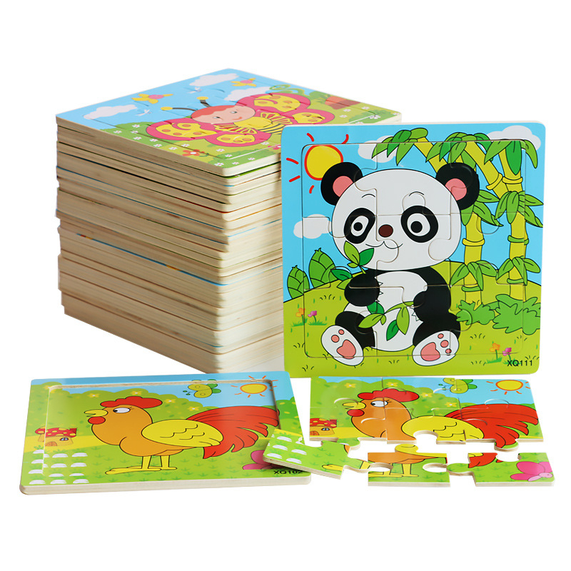 Tranh ghép hình 9 miếng loại lớn 15x15cm in hình ngộ nghĩnh bằng gỗ cho bé, đồ chơi xếp hình 9 miếng