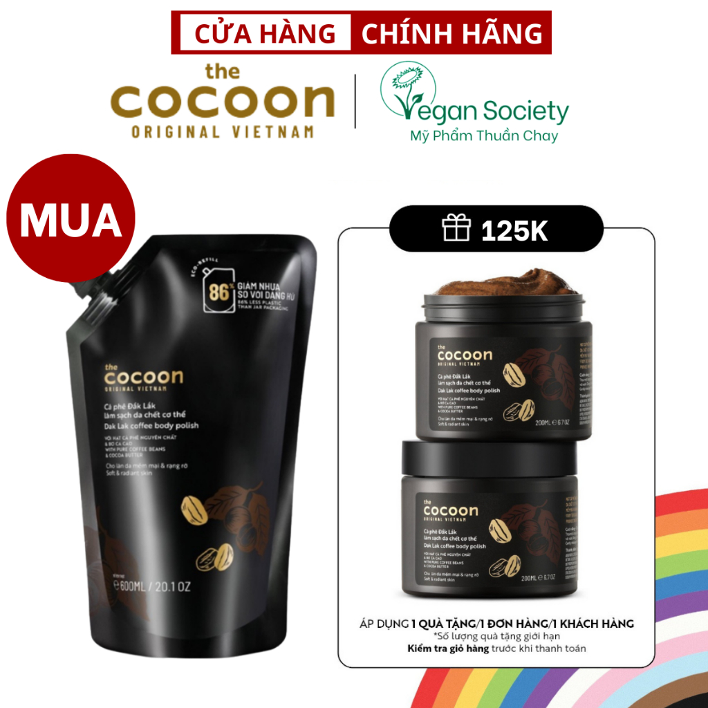 Tẩy da chết cơ thể body cà phê Cocoon chính hãng 600ml thuần chay Túi Refill Big size