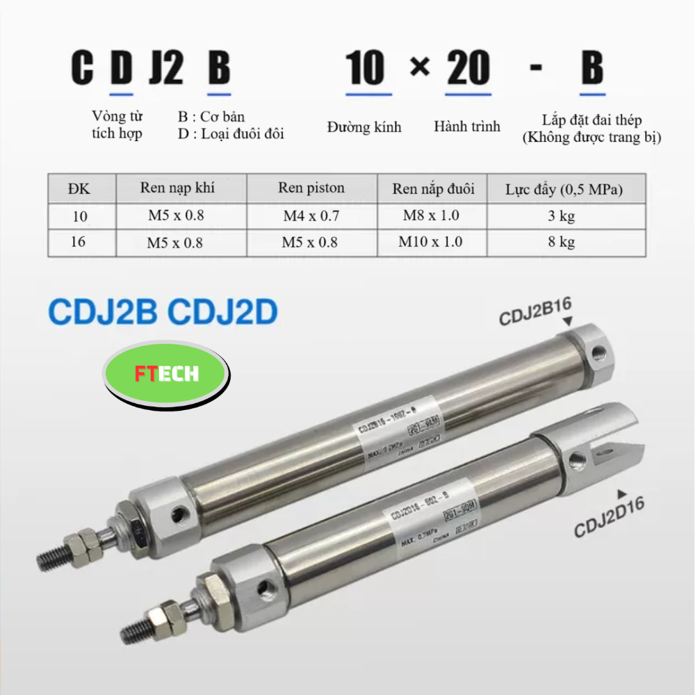 Xy Lanh Khí Nén Tròn Mini CDJ2D10-20Z/25Z/30Z/40Z/50Z-B