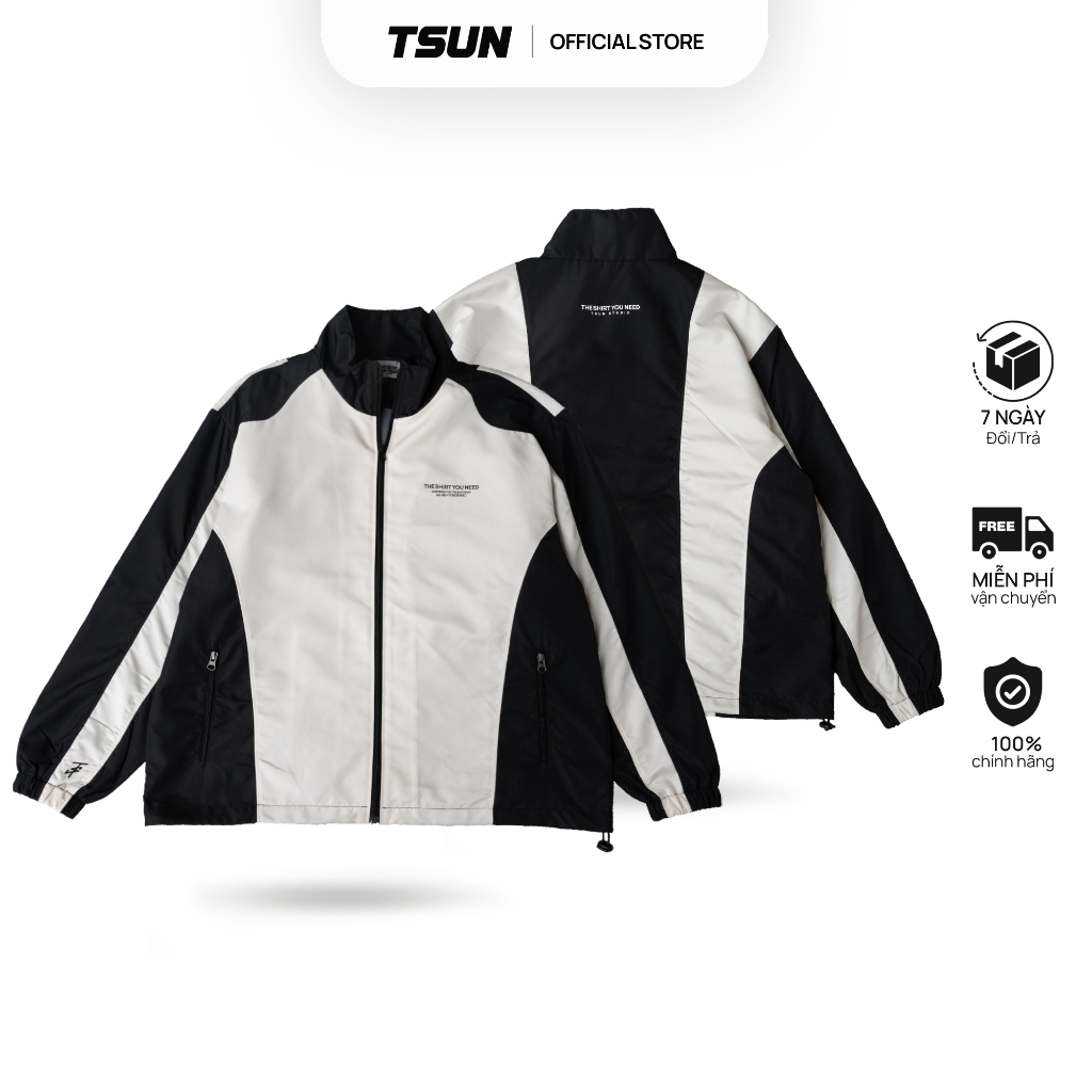 Áo Khoác Dù TSUN Windbreaker Jacket - [UNISEX] - Vải Dù 2 Lớp - Chi tiết In - Đen Kem