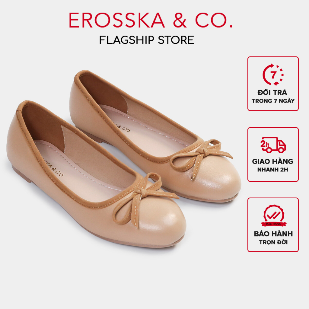 Erosska - Giày búp bê nữ đế bệt đính nơ nơ xinh xắn màu kem - EF019