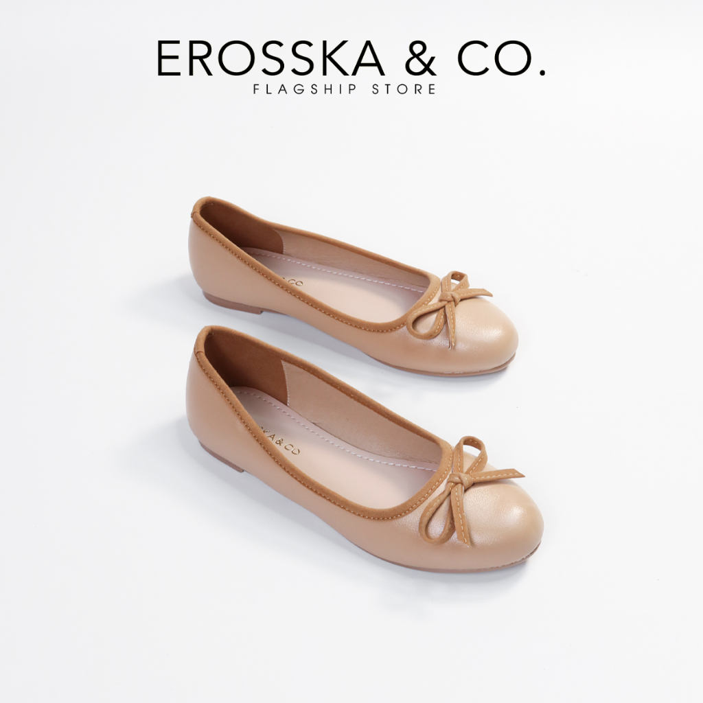 Erosska - Giày búp bê nữ đế bệt đính nơ nơ xinh xắn màu kem - EF019