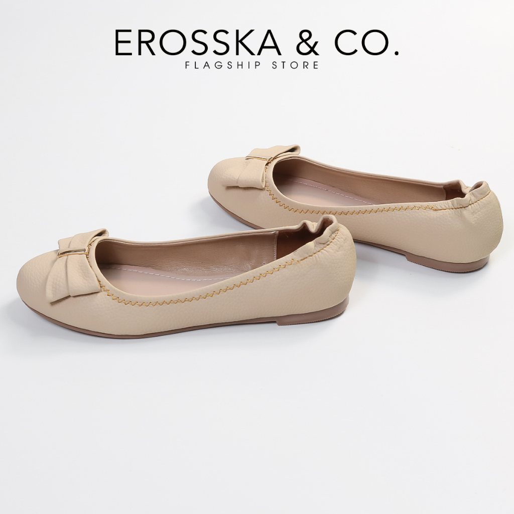 Erosska - Giày búp bê nữ đế bệt mũi tròn đính nơ xinh xắn màu kem - EF020